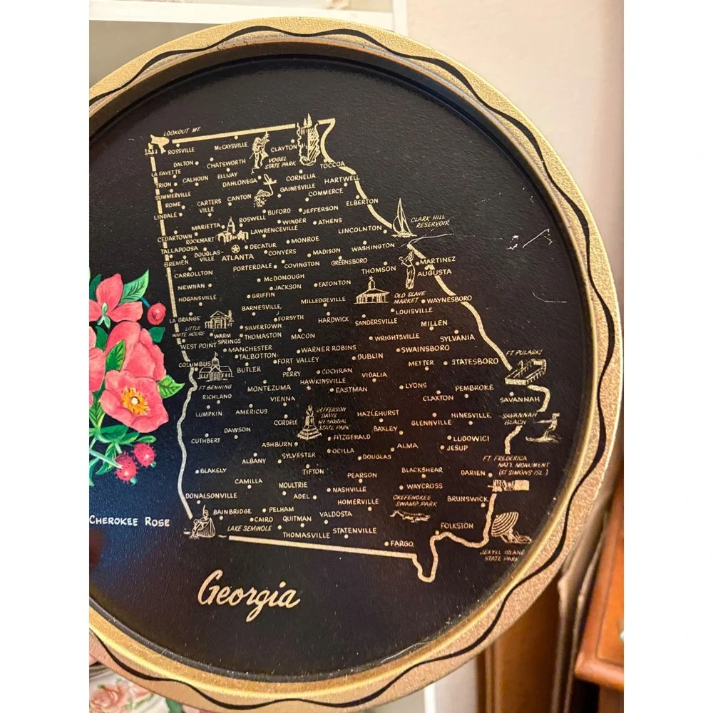 Vintage Georgia State Souvenir Metal Tray Cherokee Rose Map Black Gold 12 Inch